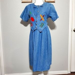 Vintage 1990s Denim Teacher Dress |School Embroidery Grandma Style Cottagecore